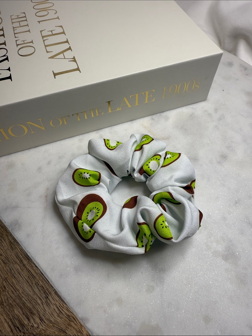 The White Kiwi Print Satin Scrunchie